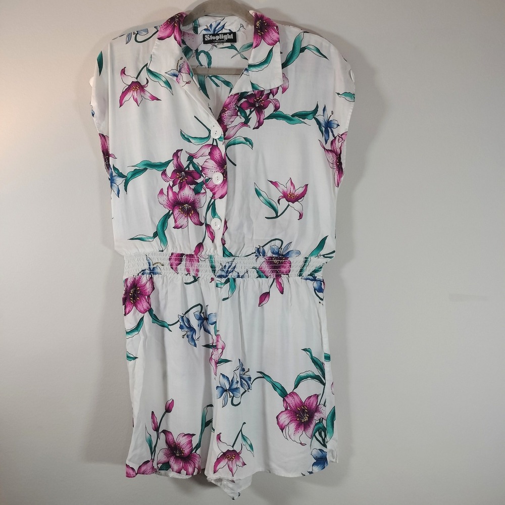 Stoplight California Vintage Tropical Bird Floral Romper Navy Blue Rayon Size L